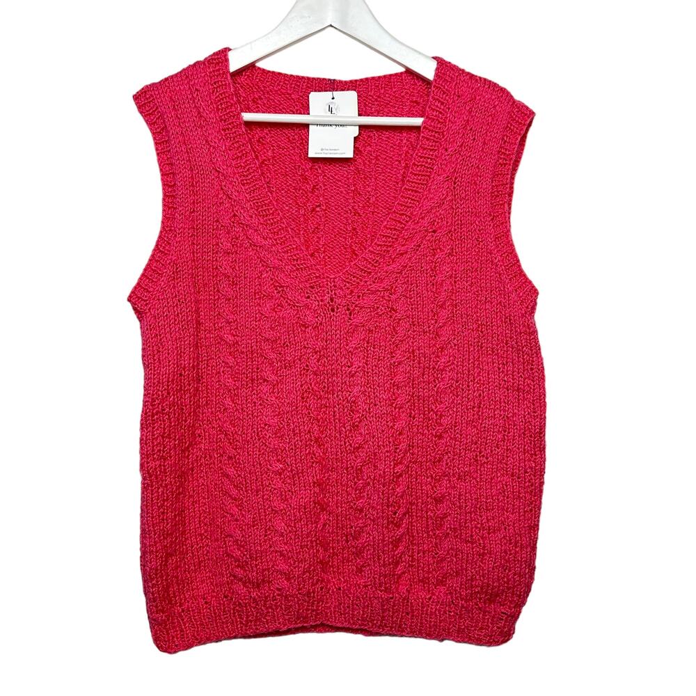 Sweater Vest Hand Knit Handmade Pink Chunky Knit Vest V Neck Cable Pullover